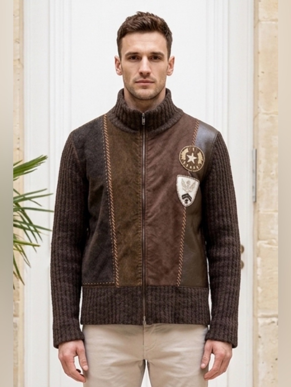 Brown Patchwork Zip-Front Women’s Sweater Jacket Lambswool